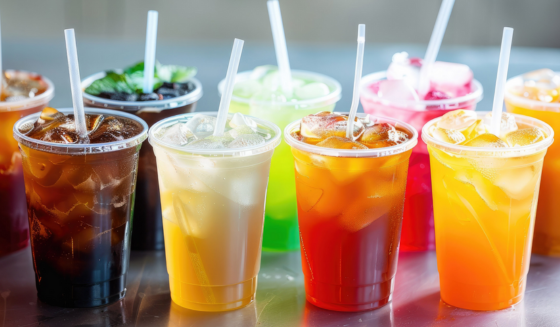 Row of drinks with straws